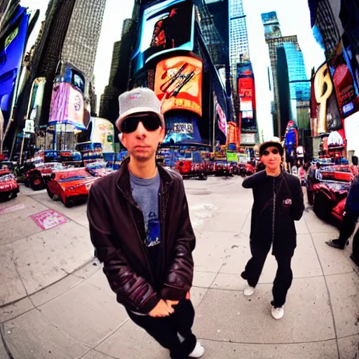 Prompt: award winning color photo of The Beastie boys in New York times square, fisheye lens, detailed faces, 8k, balanced composition, -n 5 -i
