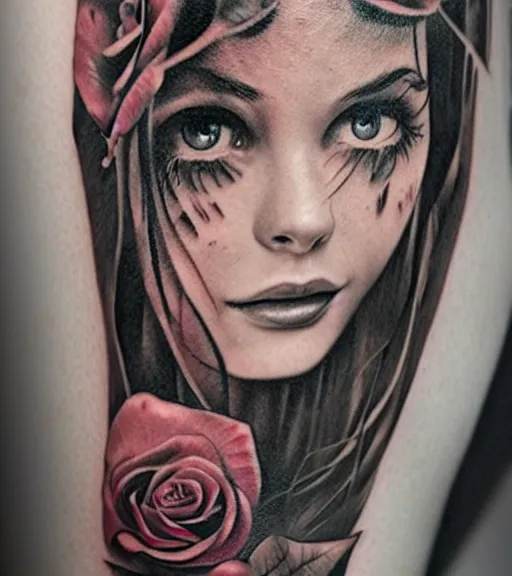 Image similar to tattoo design on white background of a beautiful girl warrior, roses, hyper realistic, realism tattoo, by eliot kohek