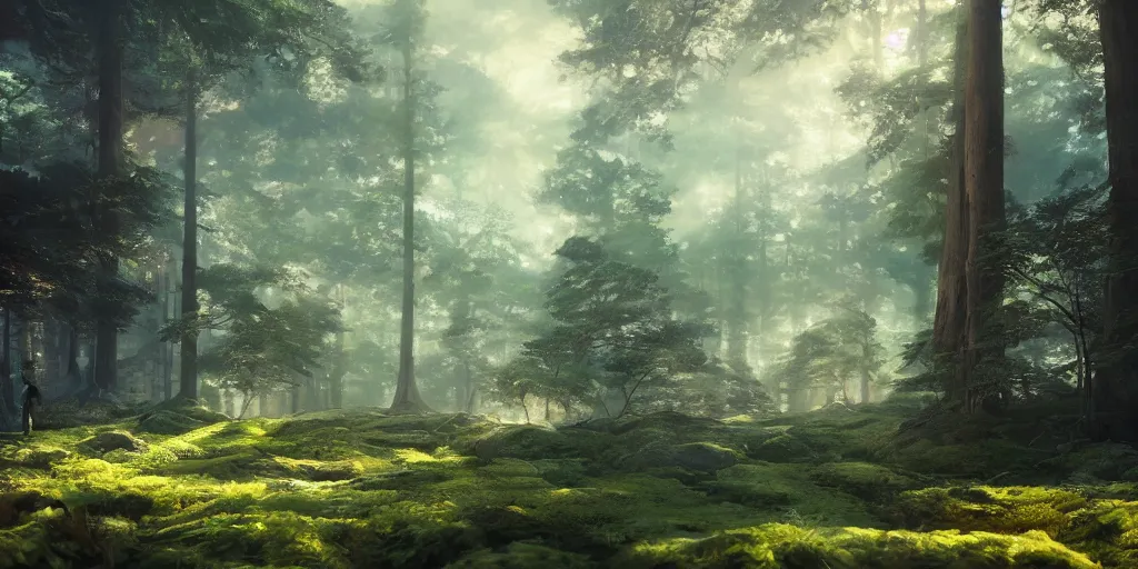 Image similar to a forest, oil painting, cinematic angle, hyperrealistic, volumetric lighting, breathtaking, Studio Ghibli, octane render, post-processing, epic composition, trending on artstation, masterpiece