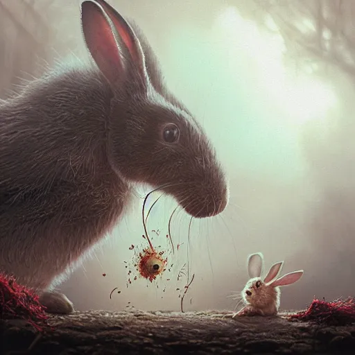 Prompt: photograph of bugs pouring out of the mouth of a rabbit, canon 7 d, film still, dramatic, cinematic, avant garde, digital painting, thomas kinkade, greg rutkowski, kentaro miura