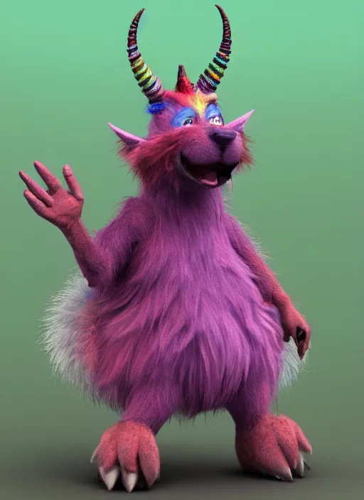 Prompt: full body 3 d model of a vibrant rainbow colored adorable irascible furry monster with fuzzy horns, a 3 d render by wendy froud and jim henson, centered, character concept, concept art, dark rainbow colored fur, zbrush, furry art, rendered in maya, colorful, cinema 4 d, behance hd, daz 3 d, cgsociety, matte background