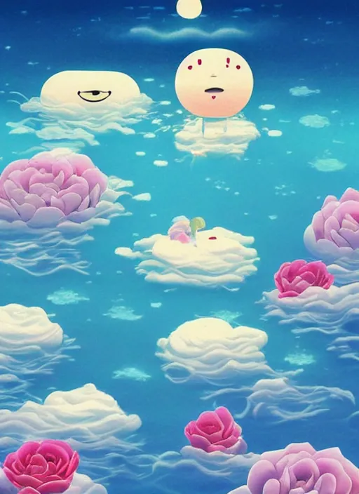 Image similar to On the surface of the sea in the moonlight, there were some roses floating on the surface of the sea，by Chiho Aoshima