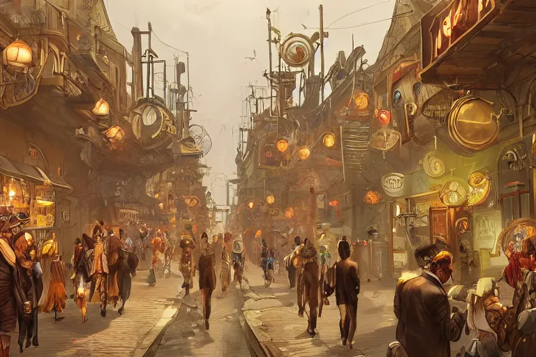 Prompt: a street of a big flying steam punk city full of people with strange costumes, artstation