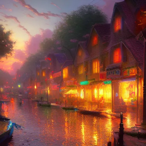 Prompt: A beautiful painting of a colorful fai ry town, shining its light by greg rutkowski an d thomas kinkade,Trending on artstation,4K,HD