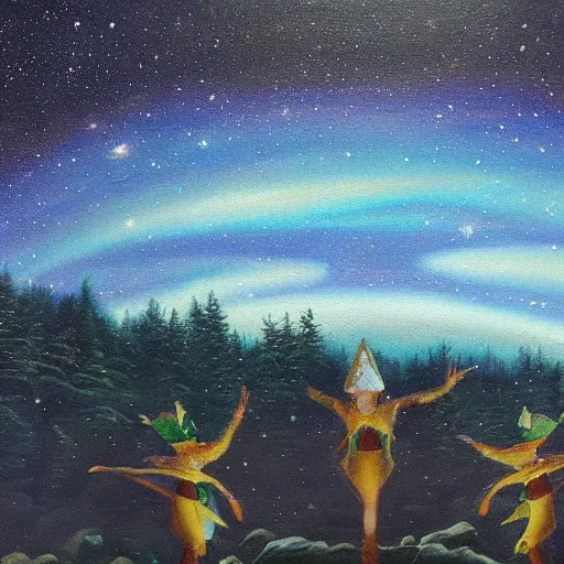 Image similar to a futaristic crystal city with elves. the milky way is in the sky. highley detailed oil painting