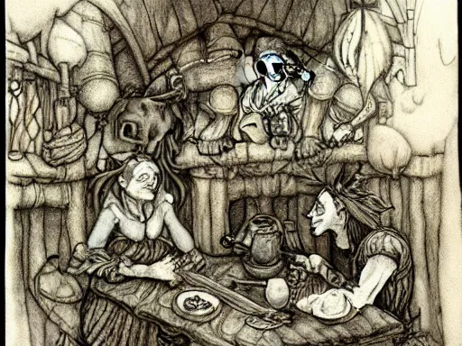 Image similar to goblins in a tavern by arthur rackham and by Tony DiTerlizzi and by brian froud, trending on artstation, detailed