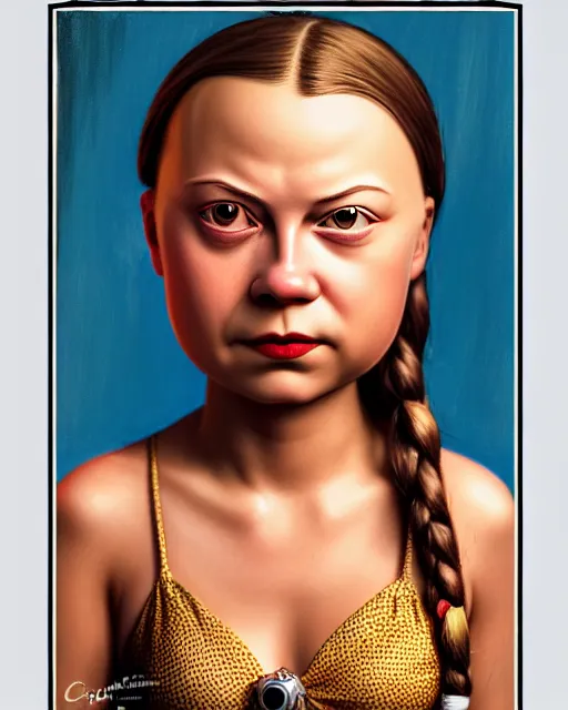 Prompt: closeup profile portrait of a tin toy greta thunberg as a 1 9 3 0 s gangster's moll in a gambling den, bikini, hyper realistic, artstation, illustration, nicoletta ceccoli, mark ryden, lostfish, max fleischer, digital paint, matte paint, vivid colors, bright, cheerful, detailed and intricate environment