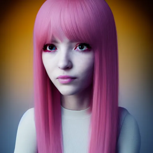 Image similar to A portrait of Nikki from Shining Nikki, a 3d cgi toon young woman with long pink hair, full bangs, amber eyes, full face, light makeup, pale skin, Chinese, medium shot, mid-shot, soft focus, 4k, trending on artstation