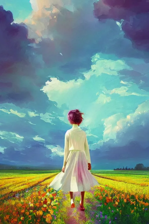 Image similar to giant white flower head, girl walking in a flower field, surreal photography, sunrise, dramatic light, impressionist painting, colorful clouds, digital painting, artstation, simon stalenhag