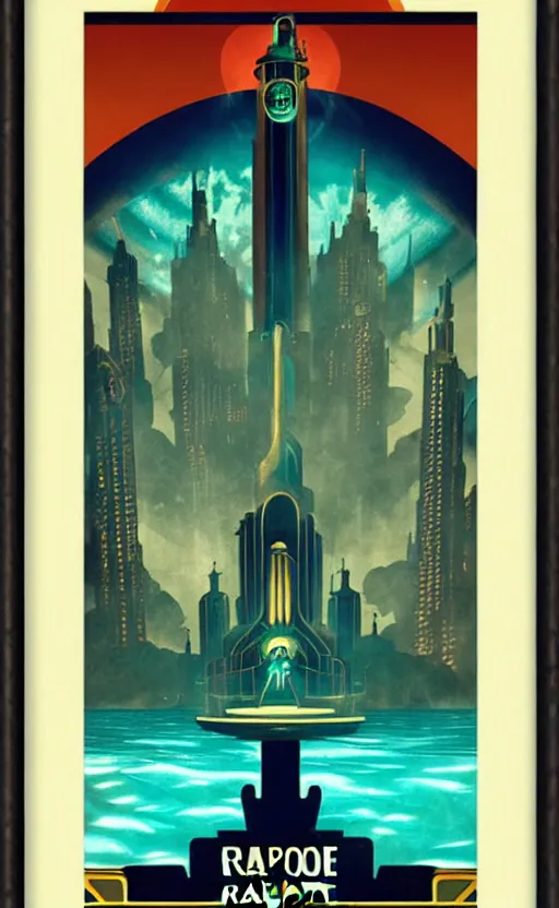 Image similar to art deco travel poster of the underwater city of rapture from bioshock, framed poster