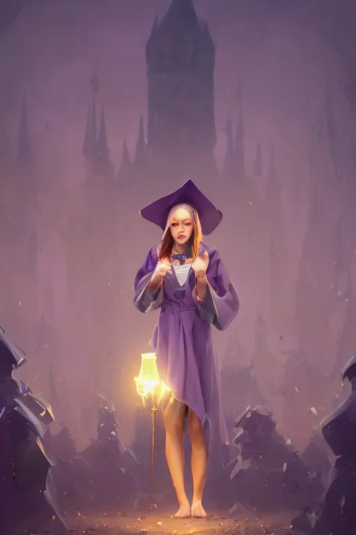 Prompt: Young cute small beautiful woman in form fitting slim purple witch robes and pointy hat at a crowded magical university, full body shot unreal engine hyperreallistic render 8k character masterpiece digital art by Greg Rutkowski, Simon Stalenhag, trending on Artstation, CGSociety