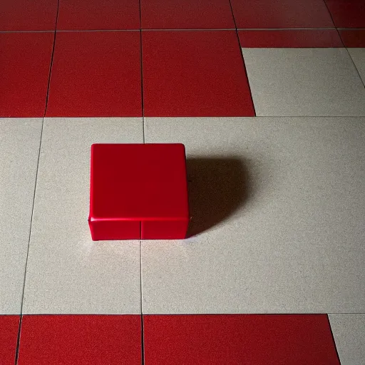 Prompt: a red metallic cube on a floor