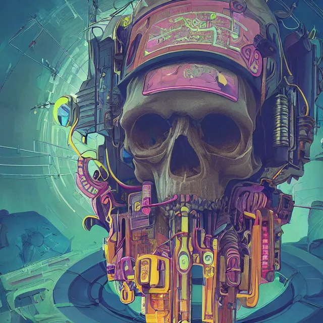 Image similar to a beautiful painting of a cyberpunk skull by simon stalenhag and pascal blanche and alphonse mucha. in style of digital art. colorful comic, film noir, symmetry, hyper detailed. octane render. trending on artstation