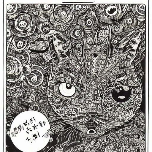 Image similar to A collaboration manga between Louis Wain and Junji Ito