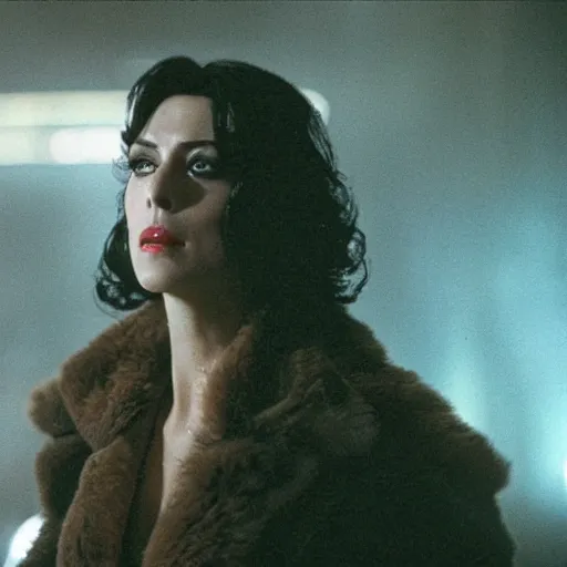 Prompt: a movie still of monica belluci as rachael in blade runner