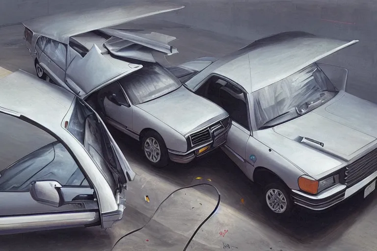 Prompt: hyperrealistic painting of cars colliding and intersecting mid-air by Claudio Bravo