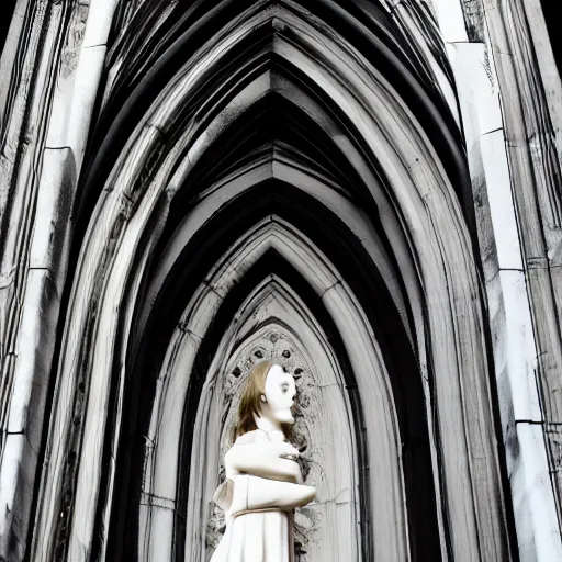 Image similar to architectural shot, no decaying lines, white marble gothic cathedral, alabaster skin, gothic girl dressed in black with macro head face