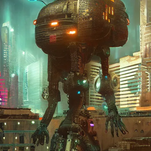 Image similar to extremely detailed realistic digital art render of a ciberpunk mayan robot in a cyberpunk city by night by James Jean y craig mullins street view render in unreal engine, ArtStation, CGSociety