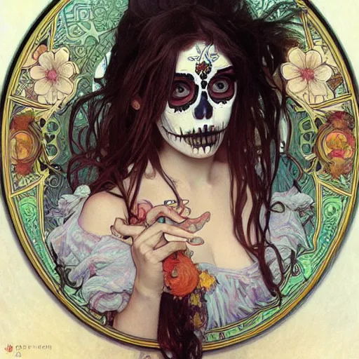 Image similar to realistic detailed painting of a cute Día de los Muertos girl by Alphonse Mucha Ayami Kojima Amano Charlie Bowater HR Giger, masterpiece