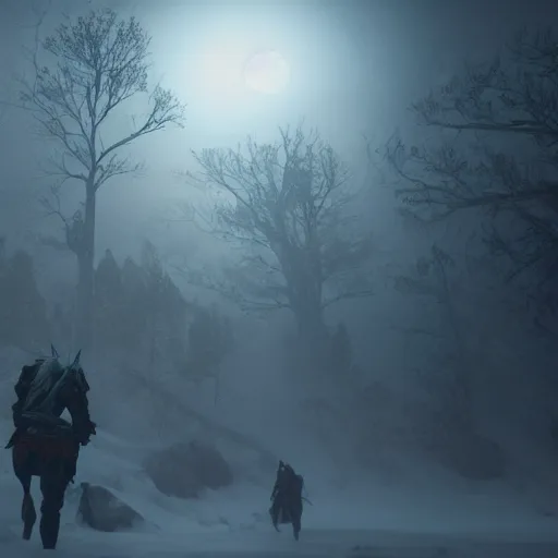 Image similar to the wild hunt, spectres, riding in the sky, blizzard storm, fog, full moon, snowy environment, bad omen, in the style of the witcher series, hyperrealism, breathtaking, award winning, groundbreaking, octane render, unreal 5, intricate digital art, 8 k hi - res