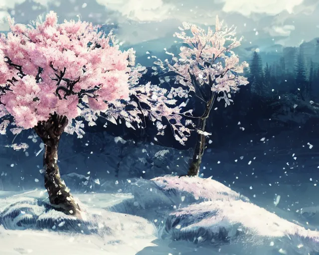 Image similar to snowy rocky field with a sakura tree, petals, cloudy, moodly lighting, snow in wind, illustration, by pine ( ハイネ ) and 薯 子 imoko and 香 川 悠 作 and wlop and maya takamura, highly detailed, trending artstation, pixiv, digital art