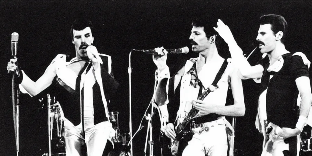 Image similar to freddie mercury and david bowie perform together on stage at a music festival