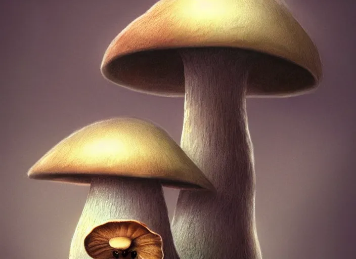 Image similar to a cute creature sitting next to a mushroom concept portrait, detailed, sharp focus, pastel, intricate, realistic, smooth, volumetric lighting, digital painting, by miyazaki