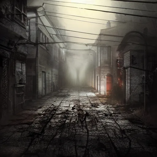 Image similar to a highly detailed photographic render of a creepy street by Silent Hill style, camera POV, horror scene, horror, bloody, ghost, creepy, cinematic lighting, cinematic scene, Volumetric lighting, Atmospheric scene, Dark, Horror, Atmospheric lighting, Global illumination cinematic render, film, beautifully lit, ray traced, octane 3D render, octane render, unreal engine