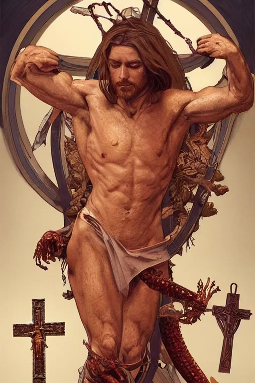 Image similar to fullbody!! dynamic action pose, christ with the head of a scaly cold blooded reptilian lizard holding a holy cross in his claws, intricate, elegant, highly detailed, digital painting, artstation, concept art, smooth, sharp focus, illustration, art by artgerm and greg rutkowski and alphonse mucha