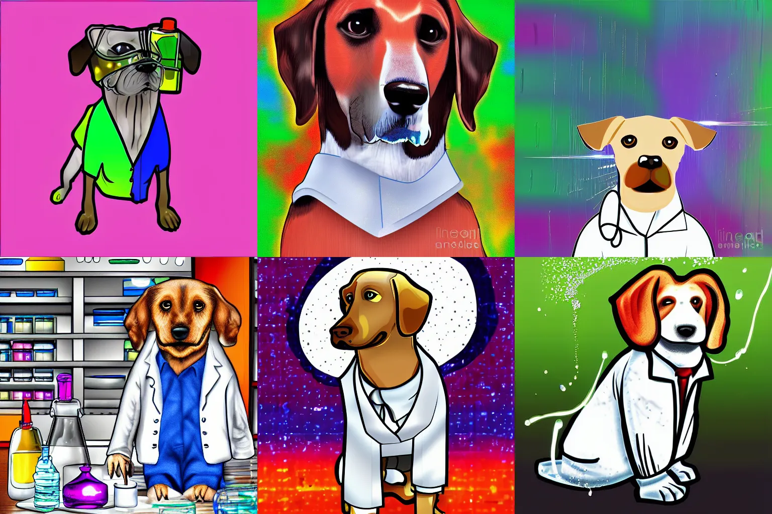 Prompt: dog in a lab coat, mixing sparkling chemicals digital art