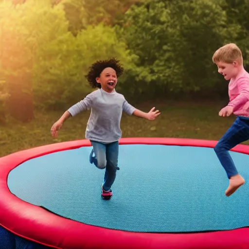 Prompt: children jumping on a trampoline, hyper realistic, amazing, natural lighting