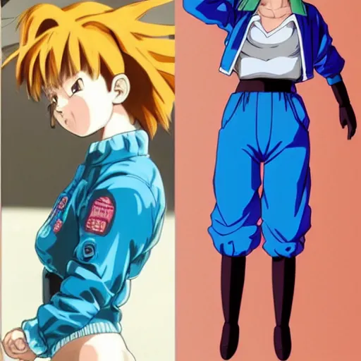 Image similar to a beautiful! boyish! natalie portman bulma from dragonball, alluring gravure! model, wearing hip hop mayan bomber jacket and leotard with native style overalls, bulky poofy bomber jacket with mayan patterns, guilty gear art style, trending on pixiv, painted by makoto shinkai takashi takeuchi studio ghibli, akihiko yoshida