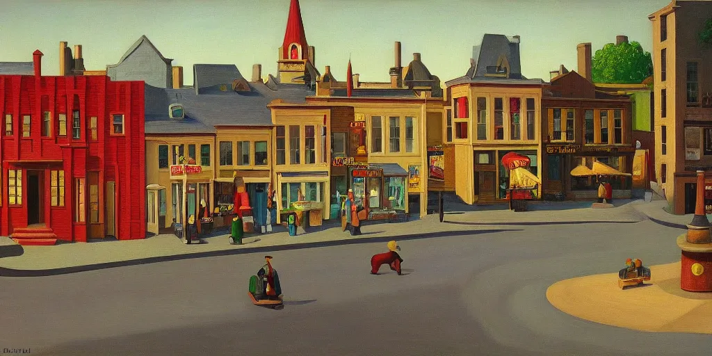 Image similar to quaint little toy town, main street elevation, grant wood, pj crook, edward hopper, oil on canvas