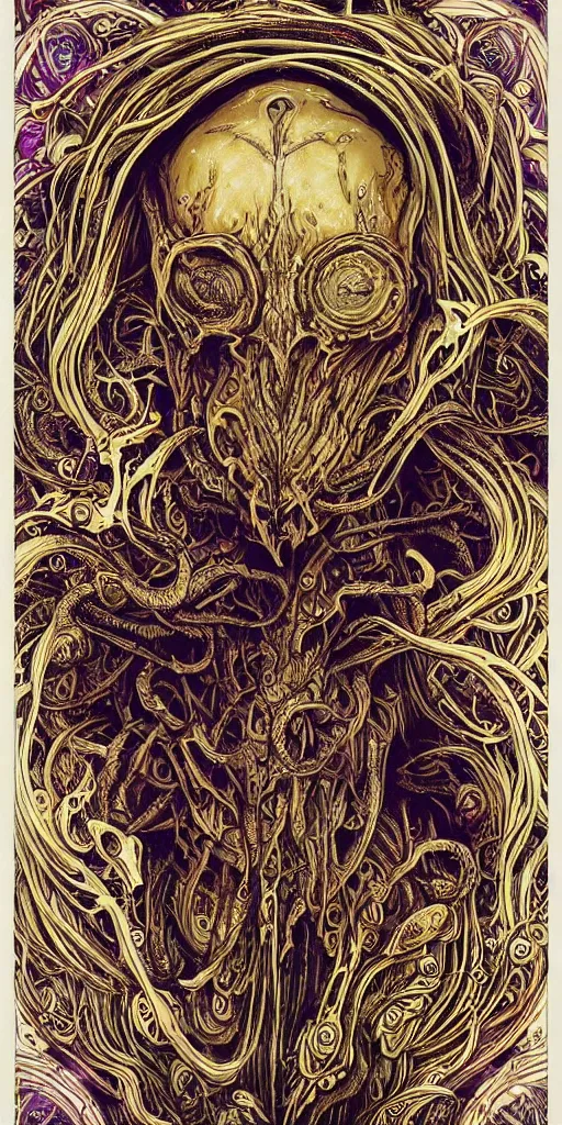 Image similar to Elden Ring and Doom themed intricate painting of majestic chromatic biomechanical anatomical psychedelic mushroom druid central figure intricate highly detailed symmetrical, golden ratio concept, Neo-Gothic concept, infinity waves, masterpiece of cinematic movie screen printing poster colorful and vivid pattern, by Artgerm, Edmund Leighton, Darius Zawadzki, James Jean, Mark Brooks and Moebius, Artstation trending