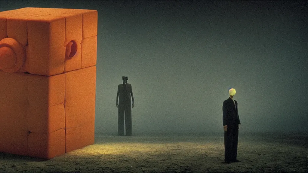 Image similar to cube man, film still from the movie directed by denis villeneuve and david cronenberg with art direction by salvador dali and zdzisław beksinski, wide lens