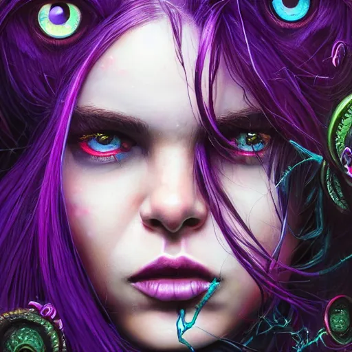 Image similar to detailed photo portrait of a furious teen girl with thin, hair-like purple tentacles on her head and bright purple eyes, 8k,by tristan eaton, Stanley Artgermm,Tom Bagshaw,Greg Rutkowski,Carne Griffiths,trending on DeviantArt, face enhance,hyper detailed ,full of colour, dramatic lightning