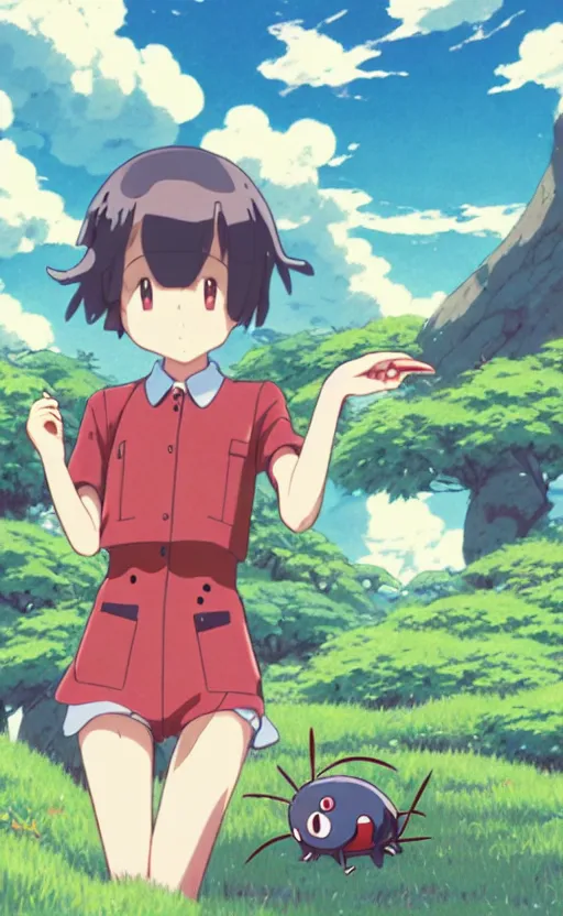 Prompt: a pocket monster go card from 1 9 5 0, illustration, adult beetle trainer girl, clear sky background, lush landscape, concept art, anime key visual, trending pixiv fanbox, by wlop and greg rutkowski and makoto shinkai and studio ghibli and kyoto animation, realistic anatomy, symmetrical facial features, short hair, hair down