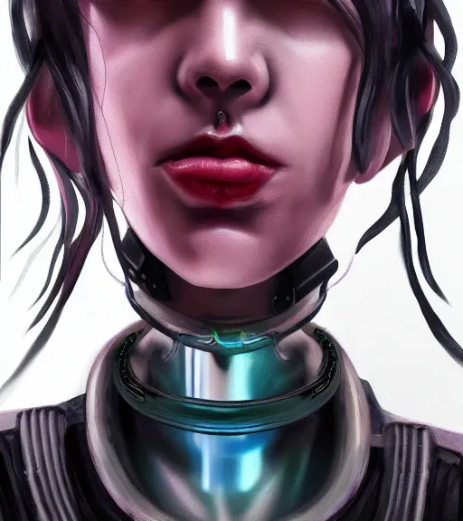 Image similar to detailed realistic female character cyberpunk wearing thick tight collar around neck, realistic, art, beautiful, 4K, collar, choker, collar around neck, punk, artstation, detailed, female, woman, choker, cyberpunk, neon, punk, collar, choker, collar around neck, thick collar, tight around neck, punk,