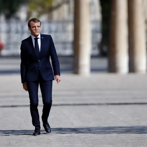 Image similar to 1750 Emmanuel Macron walking, 150mm photography, high quality, 4K