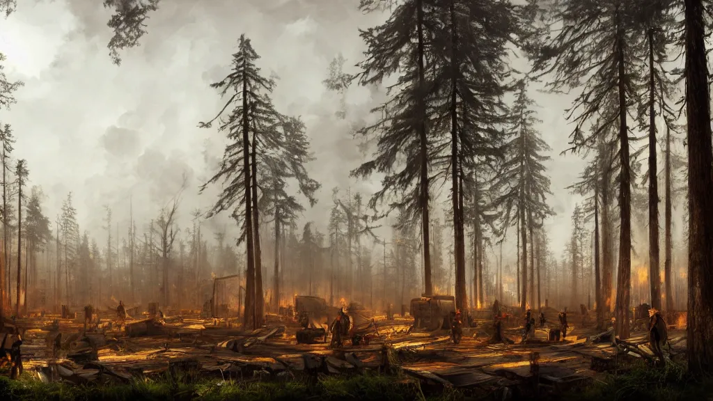 Prompt: panorma view of lumberyard with lumberjacks and forest in background, papyrus, watercolored, jakub rozalski, dark colours, dieselpunk, artstation