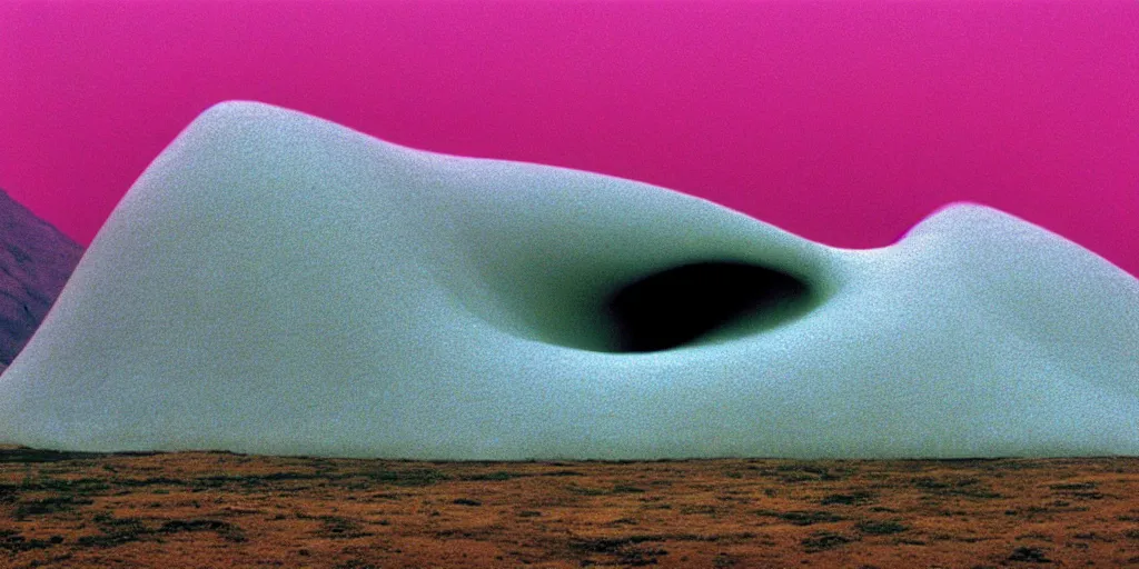 Image similar to a strange huge translucent pvc inflated organic architecture building with pink fluffy fur inside by anish kapoor sits in the rock mountains, film still from the movie directed by denis villeneuve with art direction by zdzisław beksinski, close up, telephoto lens, shallow depth of field