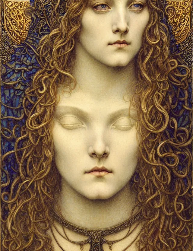 Image similar to detailed realistic beautiful young medieval queen face portrait by jean delville, gustave dore and marco mazzoni, art nouveau, symbolist, visionary, gothic, pre - raphaelite. horizontal symmetry