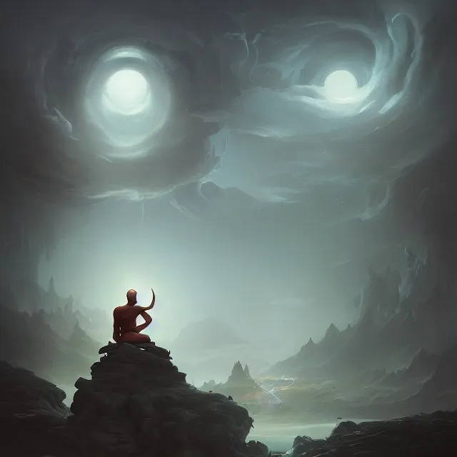 Image similar to in the style of peter mohrbacher, a glowing monk floating and meditating on a rock, dystopian landscape, intricate, masterpiece, award winning, fantasy, hyperrealism intricate