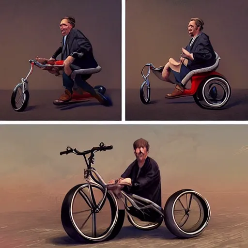 Prompt: hyper realistic absurd, silly, making insane faces, steve buscemi riding a tiny tricycle, painted by greg rutkowski, wlop, artgerm