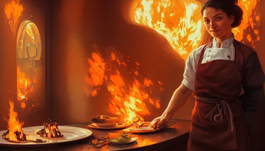 Prompt: portrait of a proud chef cook, showing burned cooking, in front of exploding oven on fire, intricate, elegant, highly detailed, digital painting, artstation, concept art, smooth, sharp focus, illustration, art by artgerm and greg rutkowski and alphonse mucha, 8 k