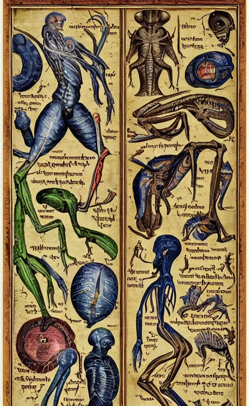 Image similar to educational wall scroll of alien anatomy, medieval scripture