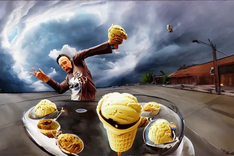 Image similar to best ice cream in the world, dynamic camera angle, deep 3 point perspective, fish eye, dynamic extreme foreshortening of the ice cream, dramatic stormy clouds by phil hale, ashley wood, geoff darrow, james jean, 8k, hd, high resolution print