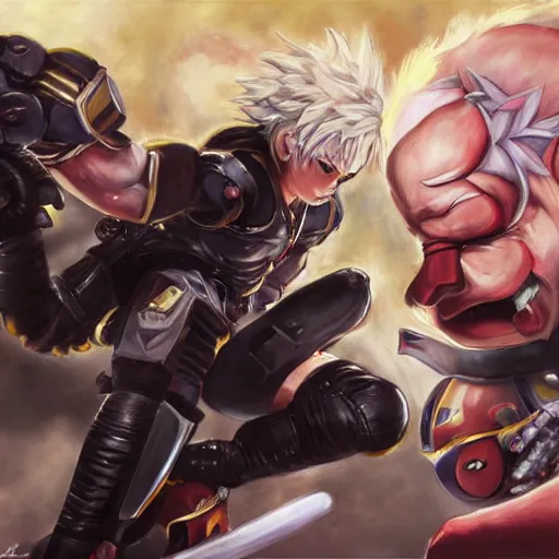 Prompt: armstrong from metal gear fighting astolfo from fate grand order, oil painting, hyper detailed