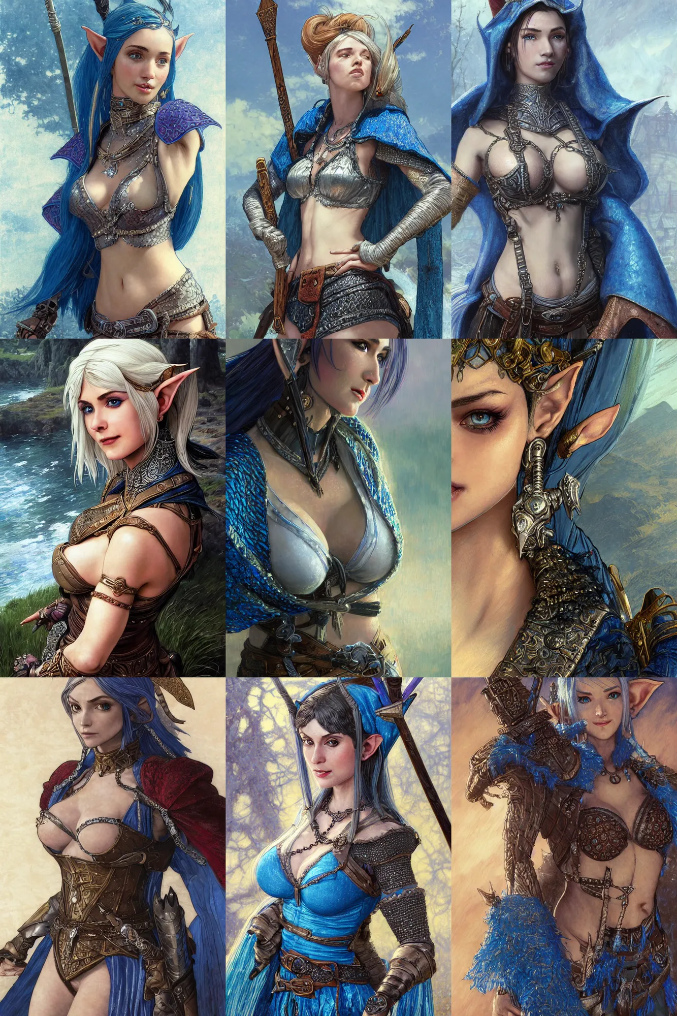Prompt: alluring highly detailed matte (juicy brush strokes) close-up portrait of beautiful elf Shani (from Witcher 3) wearing chesty chainmail bikini and a blue cloak, very detailed, realistic, manga, pen and ink, by Stanley Artgerm Lau, greg rutkowski, thomas kindkade, alphonse mucha, loish, norman rockwell J.