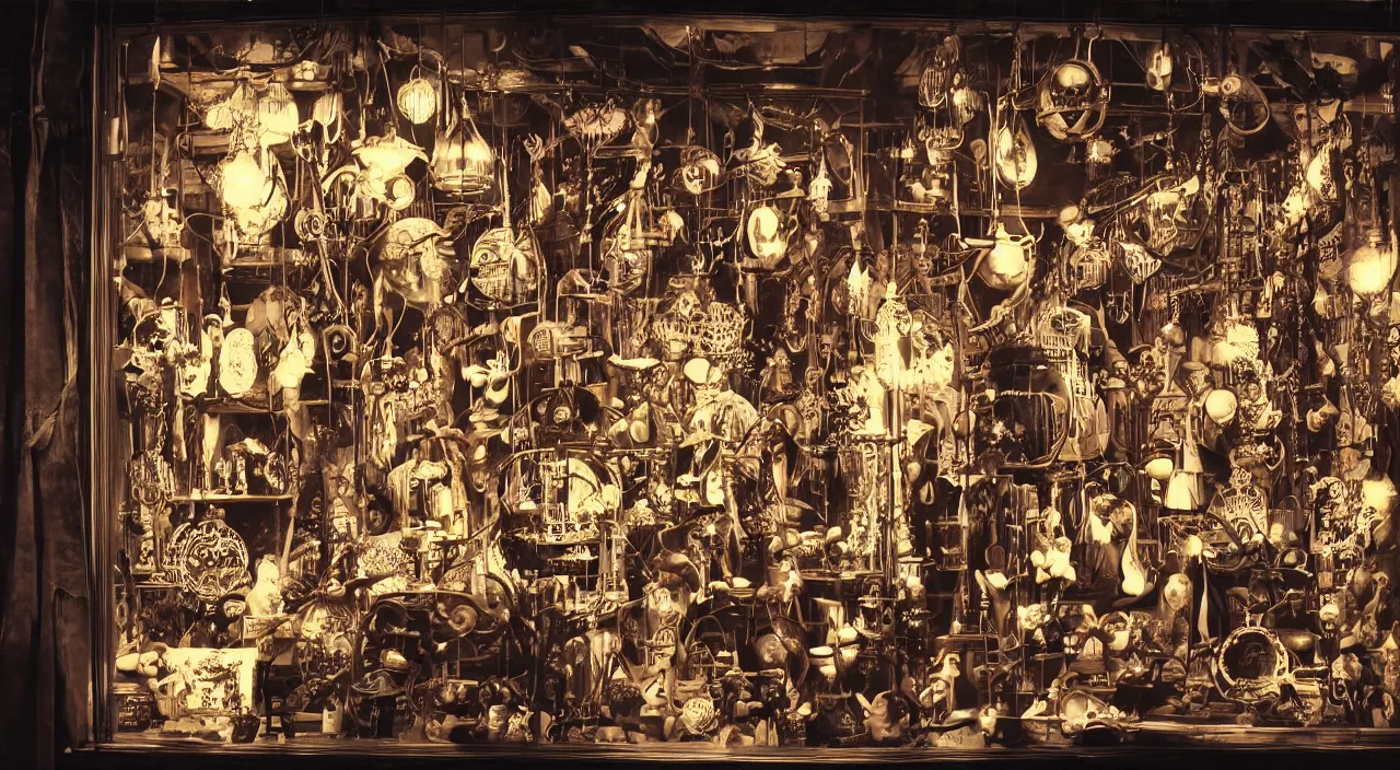 Image similar to steampunk shop window by junji ito, darkness, neon lights, photo realistic, completely filled with interesting oddities, things hanging from ceiling, light bulbs, cinematic